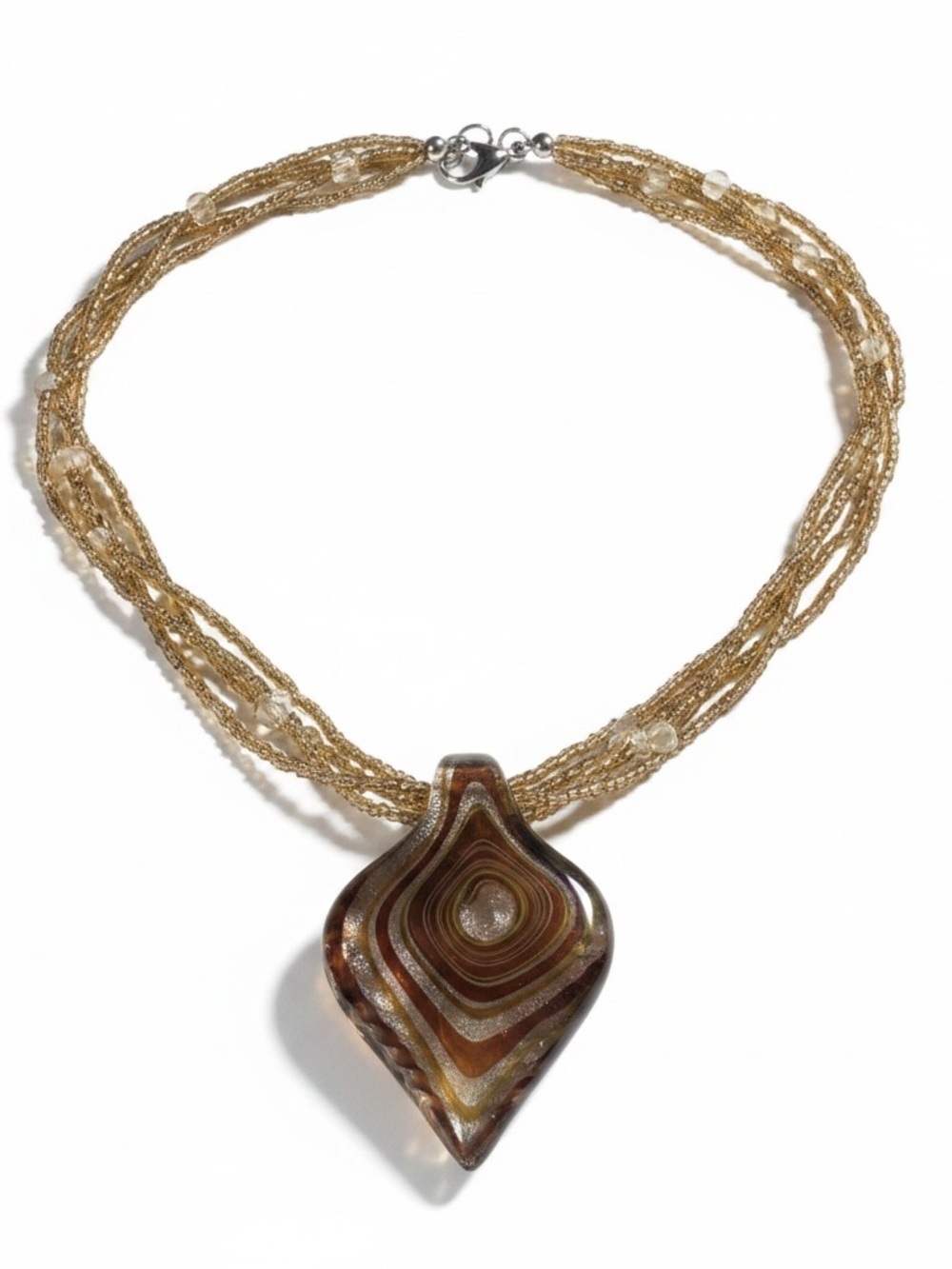Venetian Murano-Style Art Glass Leaf Beaded Pendant Statement Necklace Handblown